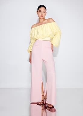 Elastic Lyocell Off-Shoulder Romantic Flare Sleeve Crop Top