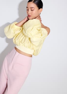 Elastic Lyocell Off-Shoulder Romantic Flare Sleeve Crop Top