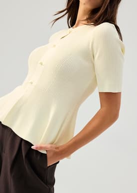 Ribbed Knit Round Neck Peplum Top