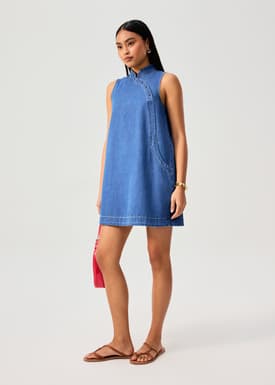 Denim Mandarin Collar Mini Dress