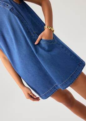 Denim Mandarin Collar Mini Dress