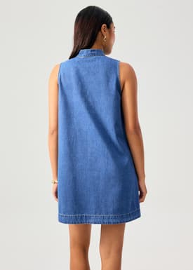Denim Mandarin Collar Mini Dress
