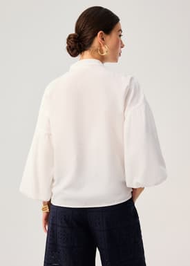 Relaxed Cotton Button Down Collared Puff Sleeve Top