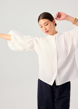 Relaxed Cotton Button Down Collared Puff Sleeve Top