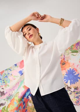 Relaxed Cotton Button Down Collared Puff Sleeve Top