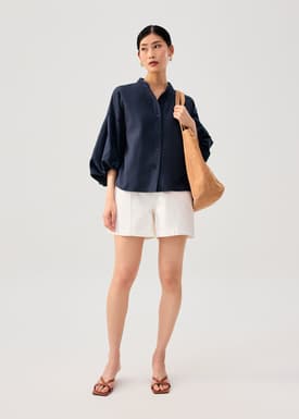 Relaxed Cotton Button Down Collared Puff Sleeve Top