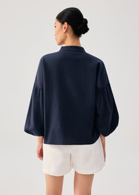 Relaxed Cotton Button Down Collared Puff Sleeve Top