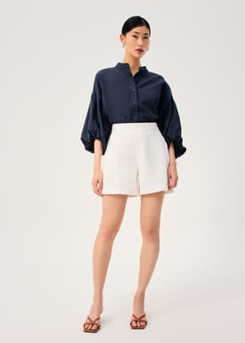Relaxed Cotton Button Down Collared Puff Sleeve Top
