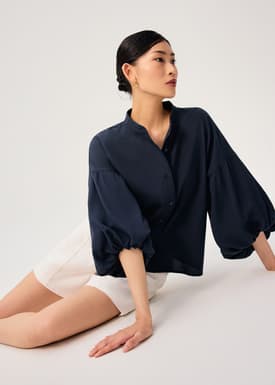 Relaxed Cotton Button Down Collared Puff Sleeve Top