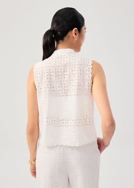 Cotton Broderie Mandarin Collar Top