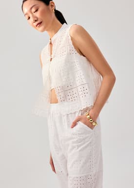 Cotton Broderie Mandarin Collar Top