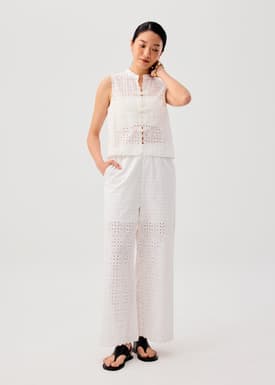 Cotton Broderie Mandarin Collar Top