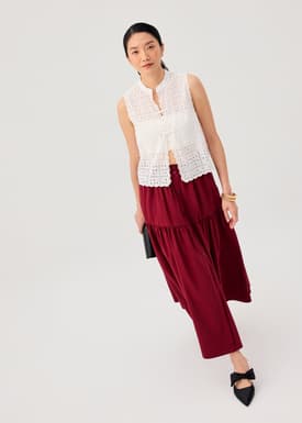 Cotton Broderie Mandarin Collar Top