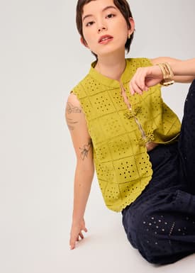 Cotton Broderie Mandarin Collar Top