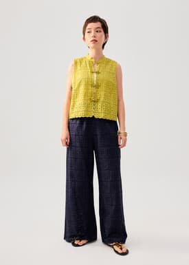 Cotton Broderie Mandarin Collar Top