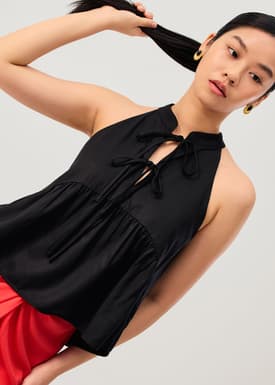 Lyocell Pleated Front Tie Mandarin Collar Peplum Shell Top