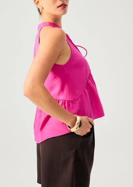 Lyocell Pleated Front Tie Mandarin Collar Peplum Shell Top