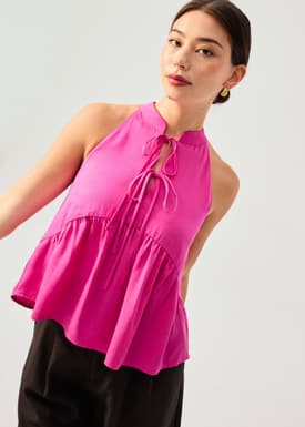 Lyocell Pleated Front Tie Mandarin Collar Peplum Shell Top