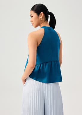 Lyocell Pleated Front Tie Mandarin Collar Peplum Shell Top