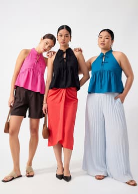 Lyocell Pleated Front Tie Mandarin Collar Peplum Shell Top