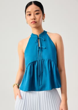 Lyocell Pleated Front Tie Mandarin Collar Peplum Shell Top