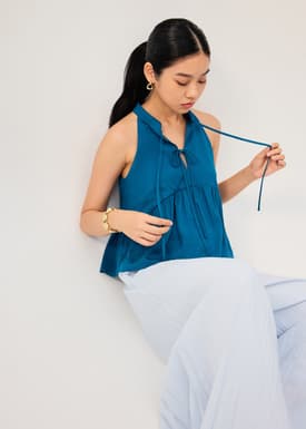 Lyocell Pleated Front Tie Mandarin Collar Peplum Shell Top