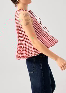 Gingham Cotton Pleated Front Tie Round Neck Babydoll Top
