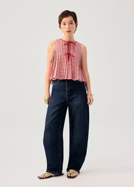 Gingham Cotton Pleated Front Tie Round Neck Babydoll Top