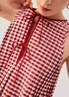 Gingham Cotton Pleated Front Tie Round Neck Babydoll Top