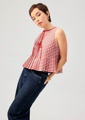 Gingham Cotton Pleated Front Tie Round Neck Babydoll Top