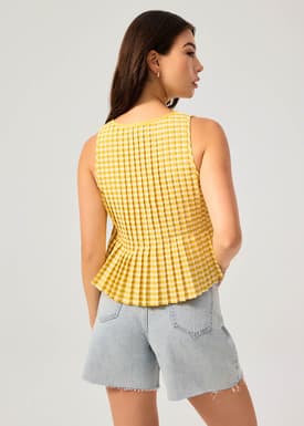 Gingham Cotton Pleated Front Tie Round Neck Babydoll Top