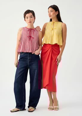 Gingham Cotton Pleated Front Tie Round Neck Babydoll Top