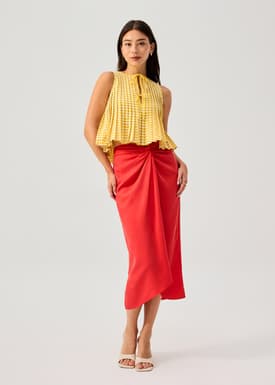 Gingham Cotton Pleated Front Tie Round Neck Babydoll Top