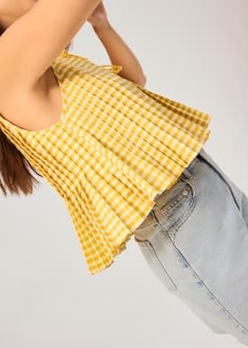 Gingham Cotton Pleated Front Tie Round Neck Babydoll Top