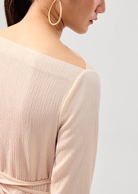Sash Tie Crinkled Boat Neck Top