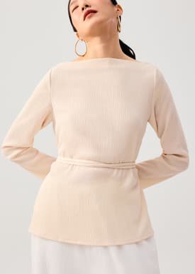 Sash Tie Crinkled Boat Neck Top