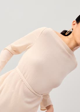 Sash Tie Crinkled Boat Neck Top