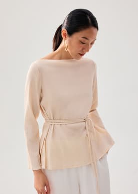Sash Tie Crinkled Boat Neck Top
