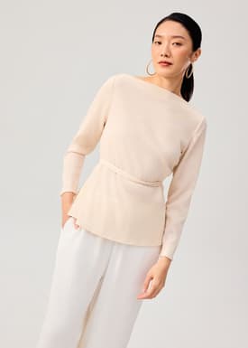 Sash Tie Crinkled Boat Neck Top