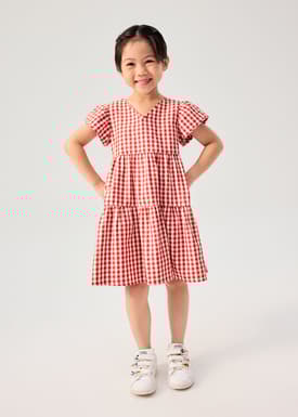 Girls' Tiered Gingham Cotton Cap Sleeve Trapeze Dress