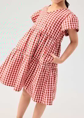 Girls' Tiered Gingham Cotton Cap Sleeve Trapeze Dress