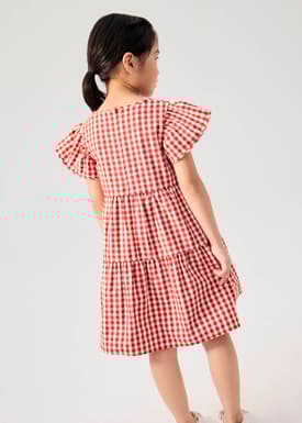 Girls' Tiered Gingham Cotton Cap Sleeve Trapeze Dress