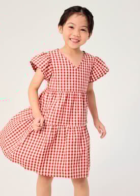 Girls' Tiered Gingham Cotton Cap Sleeve Trapeze Dress