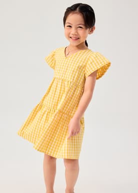Girls' Tiered Gingham Cotton Cap Sleeve Trapeze Dress