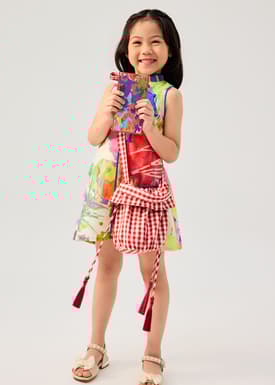 Girls' Scallop Edge Mandarin Collar Shift Midi Dress in Vivid Blooms