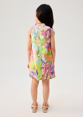 Girls' Scallop Edge Mandarin Collar Shift Midi Dress in Vivid Blooms