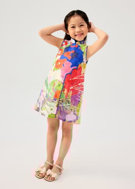 Girls' Scallop Edge Mandarin Collar Shift Midi Dress in Vivid Blooms