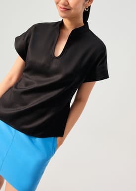 Lyocell Mandarin Collar Drop Shoulder Top