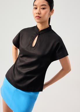 Lyocell Mandarin Collar Drop Shoulder Top