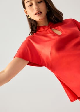 Lyocell Mandarin Collar Drop Shoulder Top